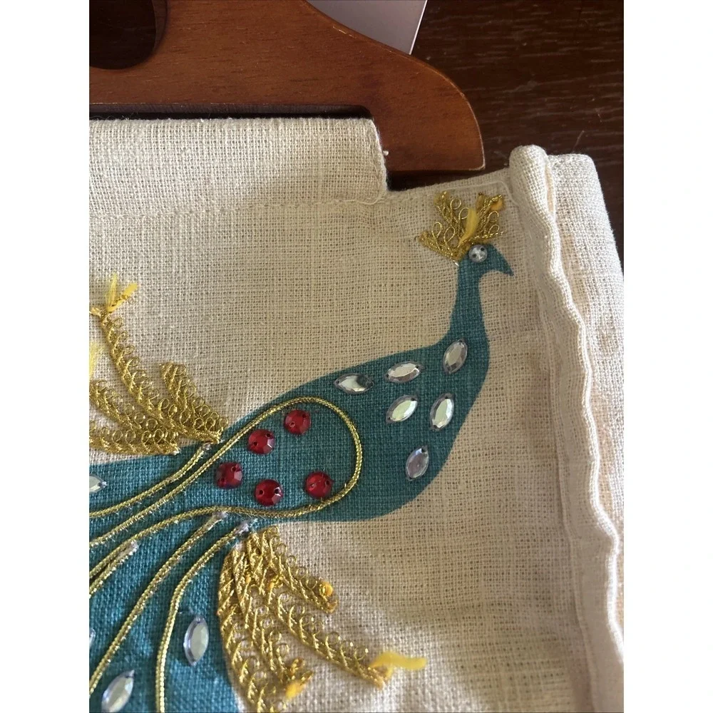 Vintage Cream Linen Handbag Jeweled Peacock with Brown Wooden Handles